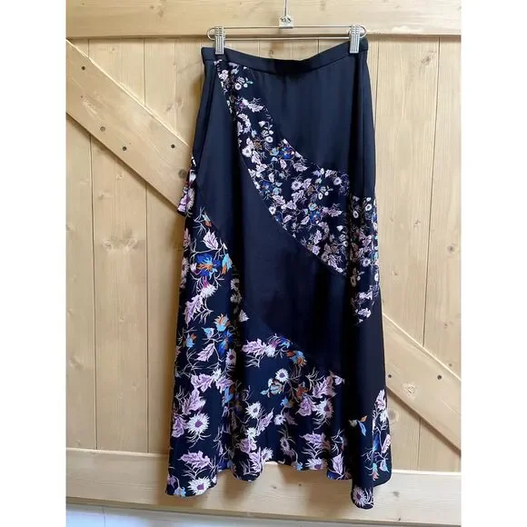 Sandro Paris Black Floral Asymmetrical Ruffle Skirt Size 1 Small Romantic Midi - Picture 7 of 11